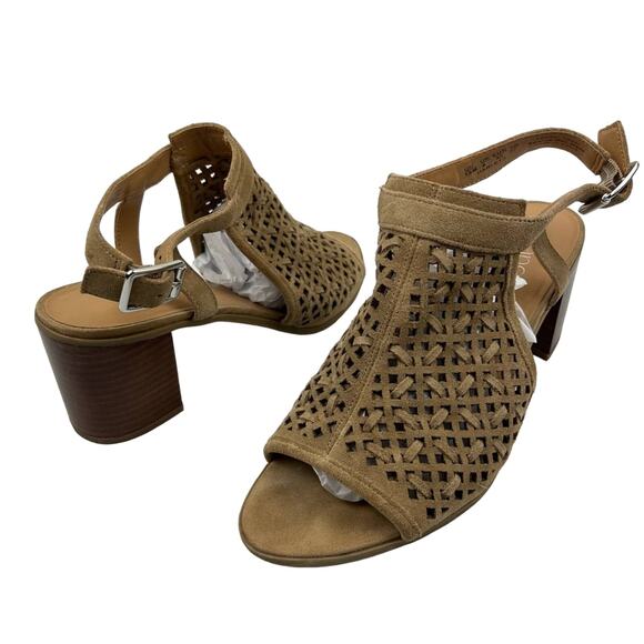 Franco Sarto Harlet 3 Block Heel Peep Toe Sandal sz 10 Suede Leather Taupe Beige - Picture 3 of 10